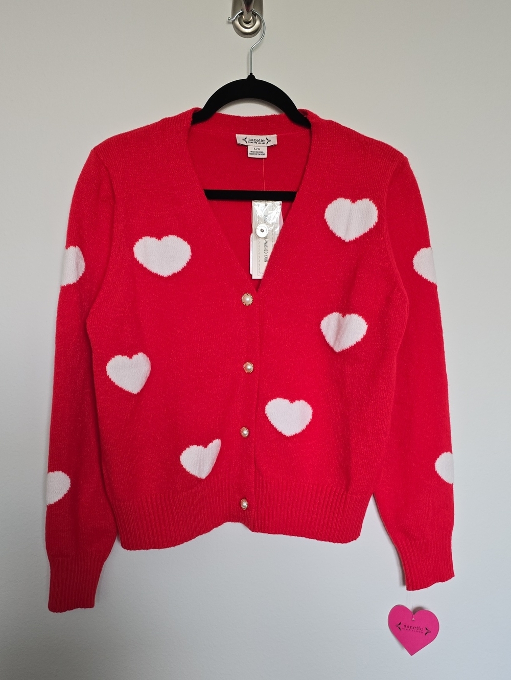 Nanette Lepore Red Cardigan with White Heart Details
